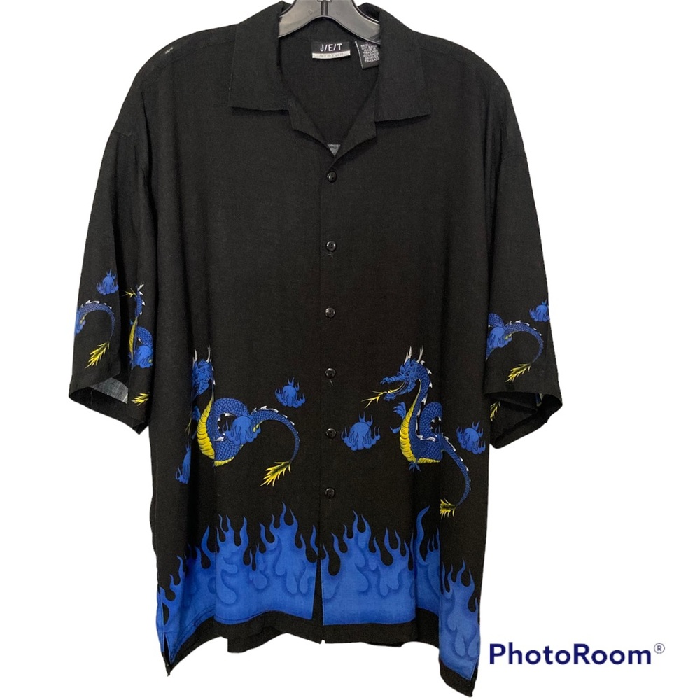 Y2K 90s J/E/T Streetwear Blue Dragon Flames Casual Hawaiian Style Mens XXL